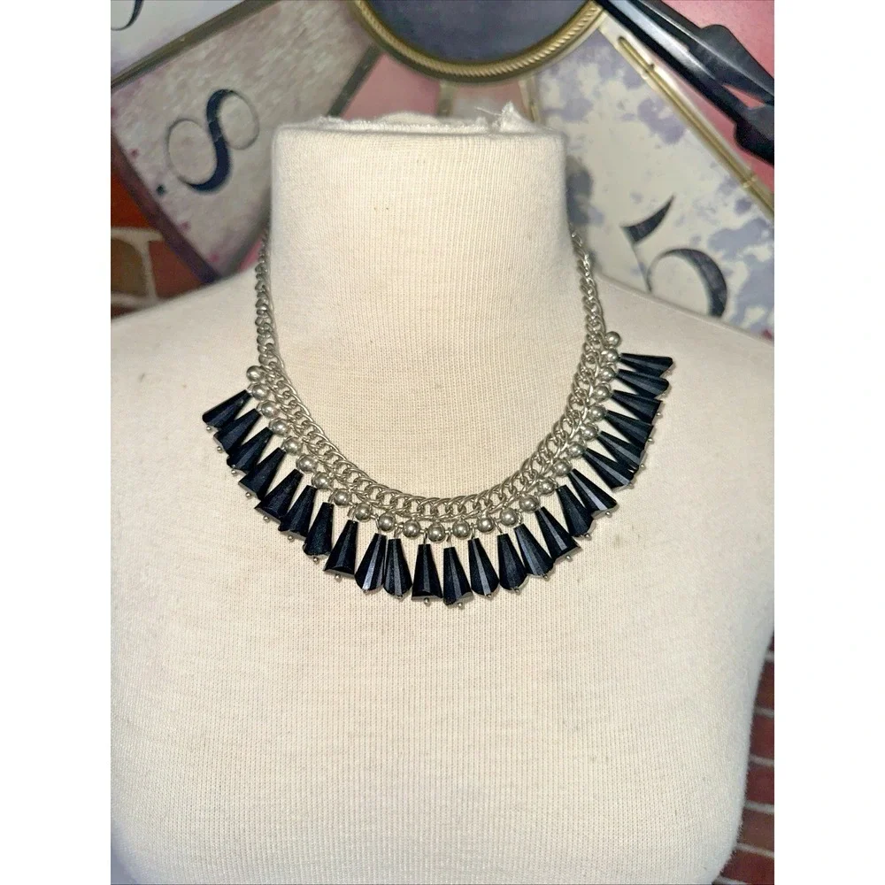 Cookie Lee Bib Necklace Women OS Black Silver Excellent Statement Fringe Goth